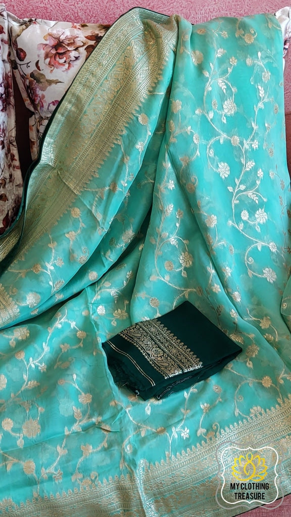 Organza Banarasi Saree- Pastel Green Saree