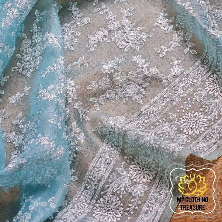 Periwinkles On Organza- Clean Blue Saree