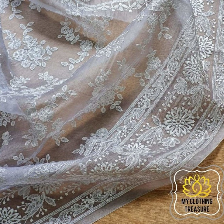 Periwinkles On Organza- Lilac Grey Saree