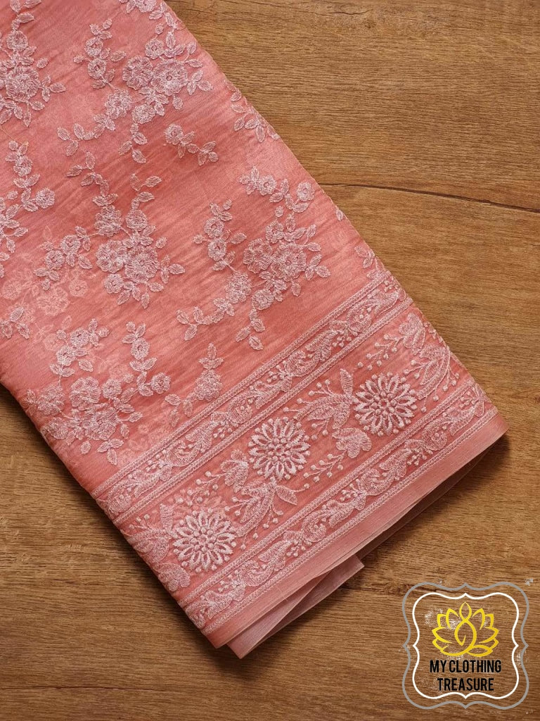 Periwinkles On Organza- Peach Saree