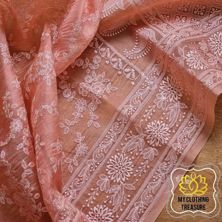 Periwinkles On Organza- Peach Saree