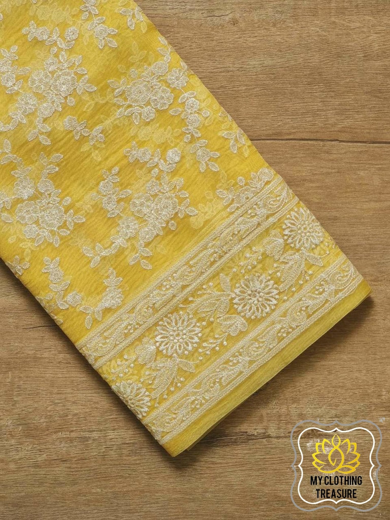 Periwinkles On Organza- Yellow Saree