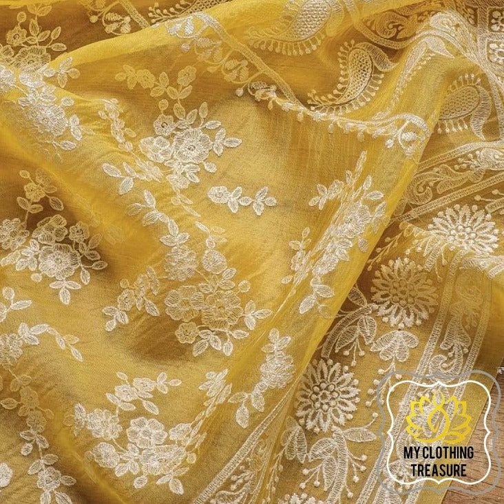 Periwinkles On Organza- Yellow Saree