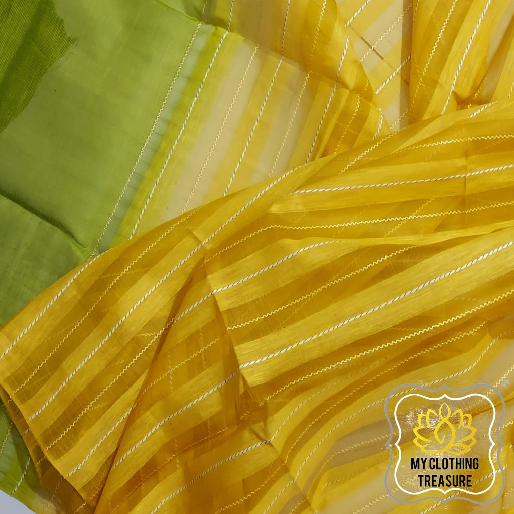 Pure Desi Tussar And Kora Silk Saree- Yellow Green Saree