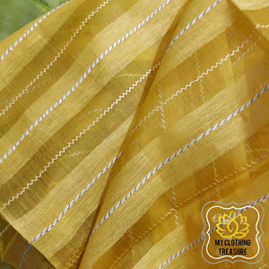 Pure Desi Tussar And Kora Silk Saree- Yellow Green Saree