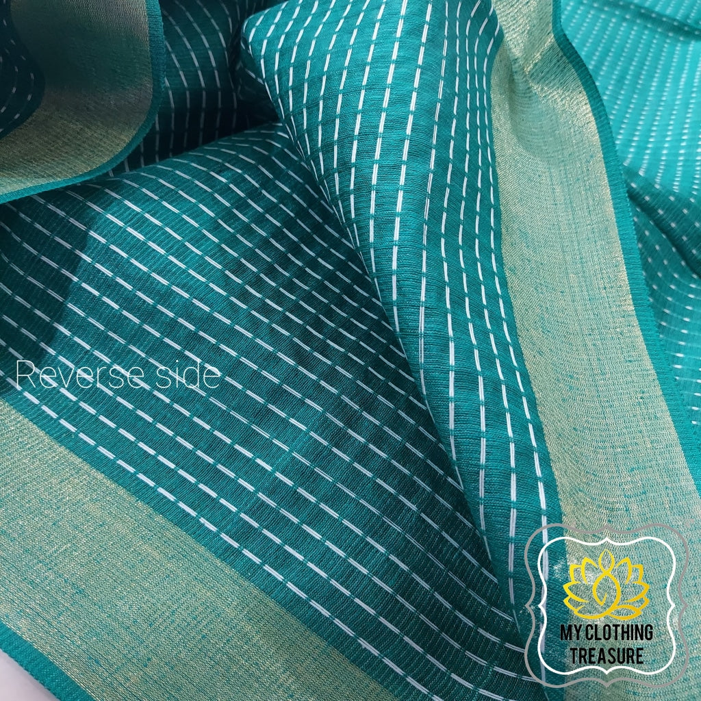 Pure Desi Tussar Silk Saree- Teal Green And Red Saree