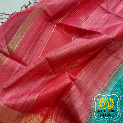 Pure Desi Tussar Silk Saree- Teal Green And Red Saree