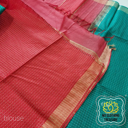 Pure Desi Tussar Silk Saree- Teal Green And Red Saree