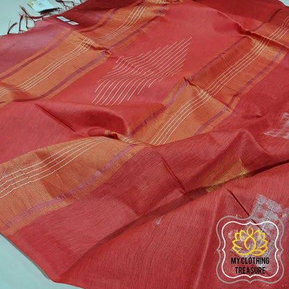 Pure Desi Tussar Silk Saree With Zari Weaving - Rusty Red