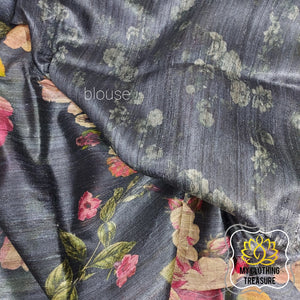 Pure Gheecha Tussar Silk Saree With Digital Floral Print - Black