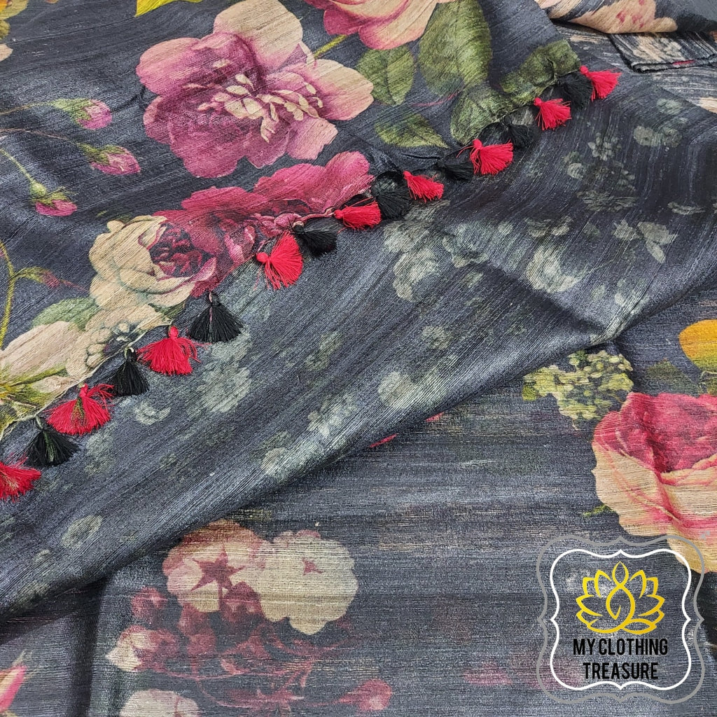 Pure Gheecha Tussar Silk Saree With Digital Floral Print - Black