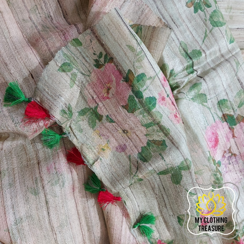 Pure Gheecha Tussar Silk Saree With Digital Floral Print - Pale Mint