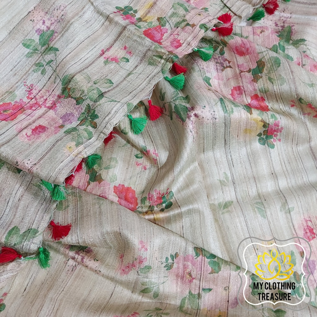 Pure Gheecha Tussar Silk Saree With Digital Floral Print - Pale Mint