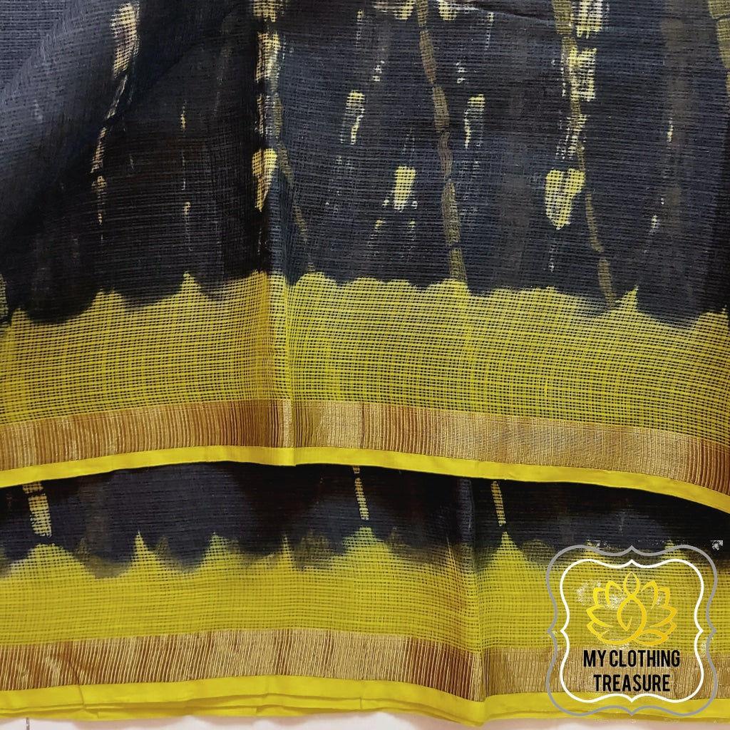 Pure Kota Cotton Hand Tie And Dye Shibori Saree- Black-Lime Yellow Saree