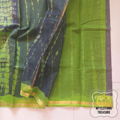 Pure Kota Cotton Hand Tie And Dye Shibori Saree- Charcoal-Green Saree