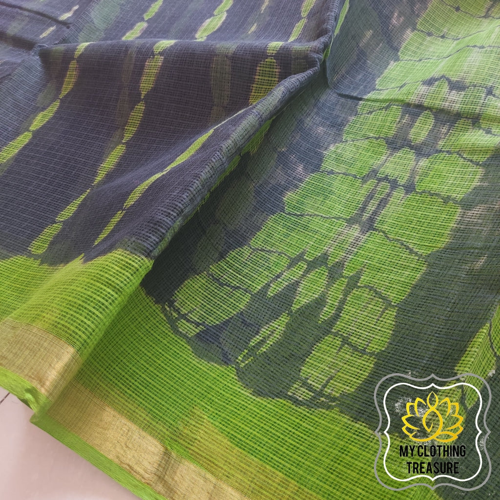 Pure Kota Cotton Hand Tie And Dye Shibori Saree- Charcoal-Green Saree