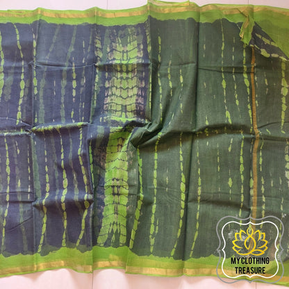 Pure Kota Cotton Hand Tie And Dye Shibori Saree- Charcoal-Green Saree