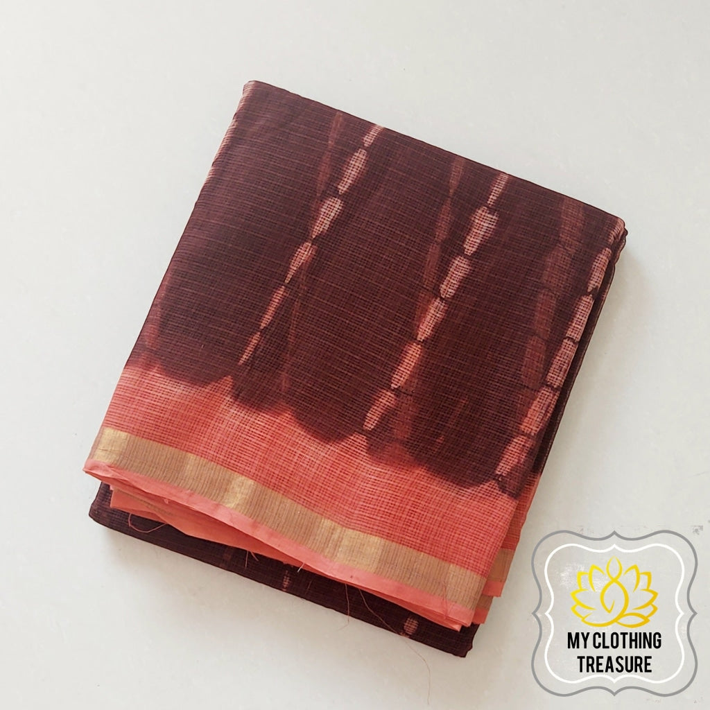 Pure Kota Cotton Hand Tie And Dye Shibori Saree- Coffee-Peach Saree