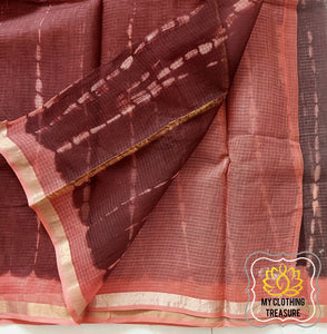 Pure Kota Cotton Hand Tie And Dye Shibori Saree- Coffee-Peach Saree