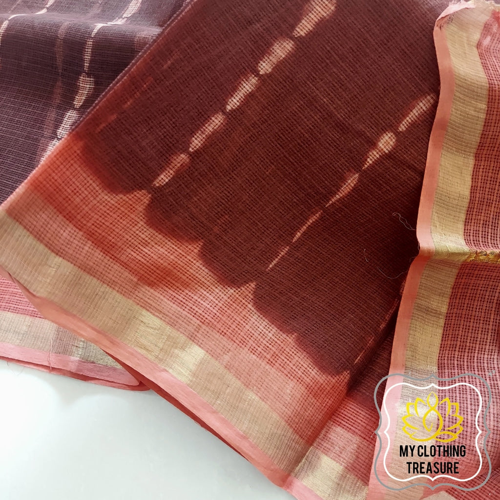 Pure Kota Cotton Hand Tie And Dye Shibori Saree- Coffee-Peach Saree