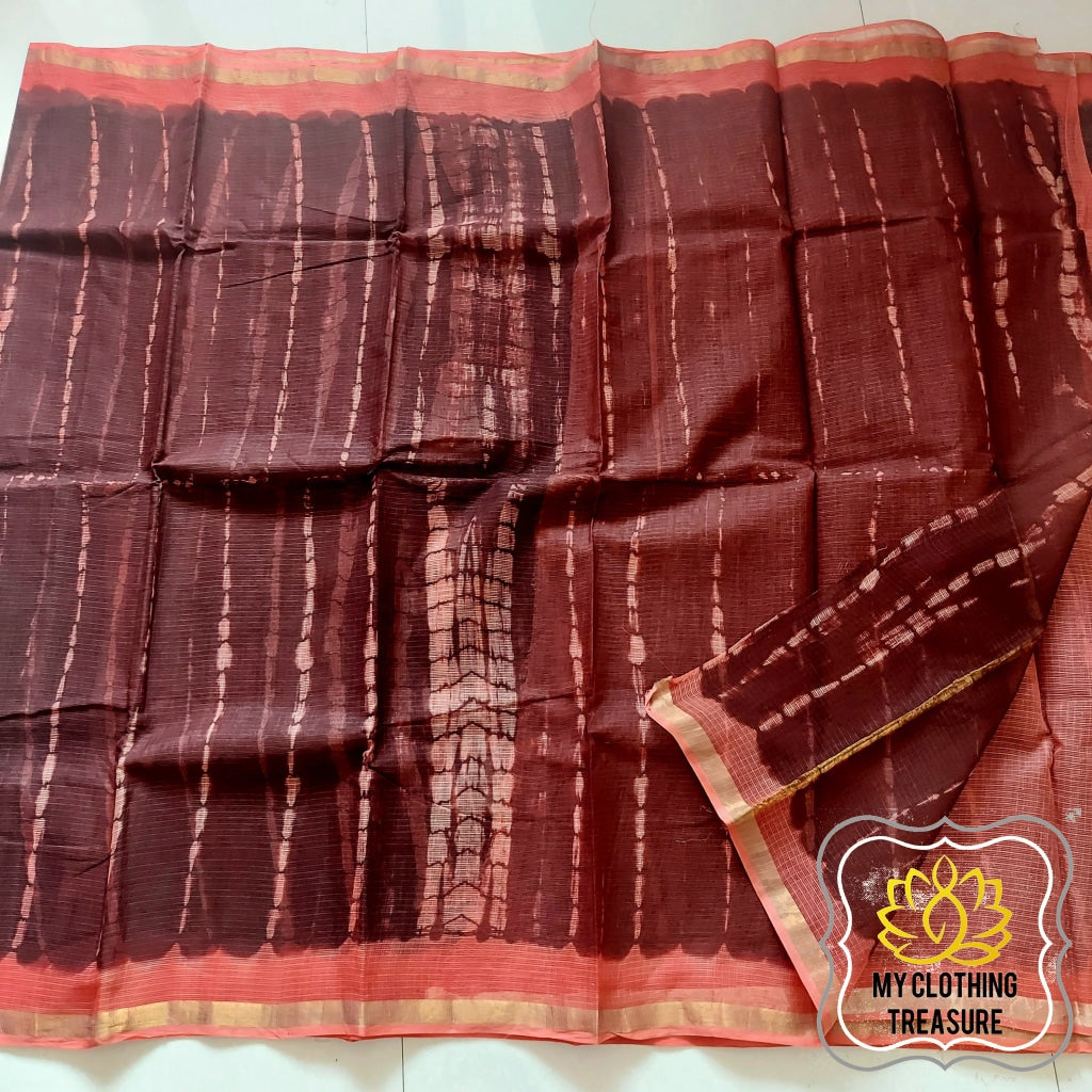 Pure Kota Cotton Hand Tie And Dye Shibori Saree- Coffee-Peach Saree