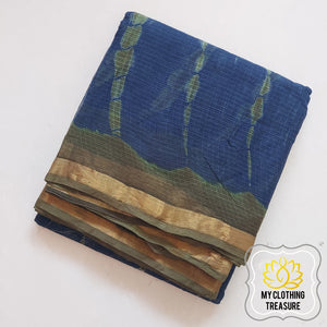 Pure Kota Cotton Hand Tie And Dye Shibori Saree- Navy Blue-Olive Saree