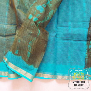 Pure Kota Cotton Hand Tie And Dye Shibori Saree- Olive-Turquoise Saree