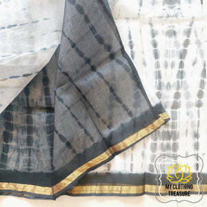 Pure Kota Cotton Hand Tie And Dye Shibori Saree- White-Black Saree