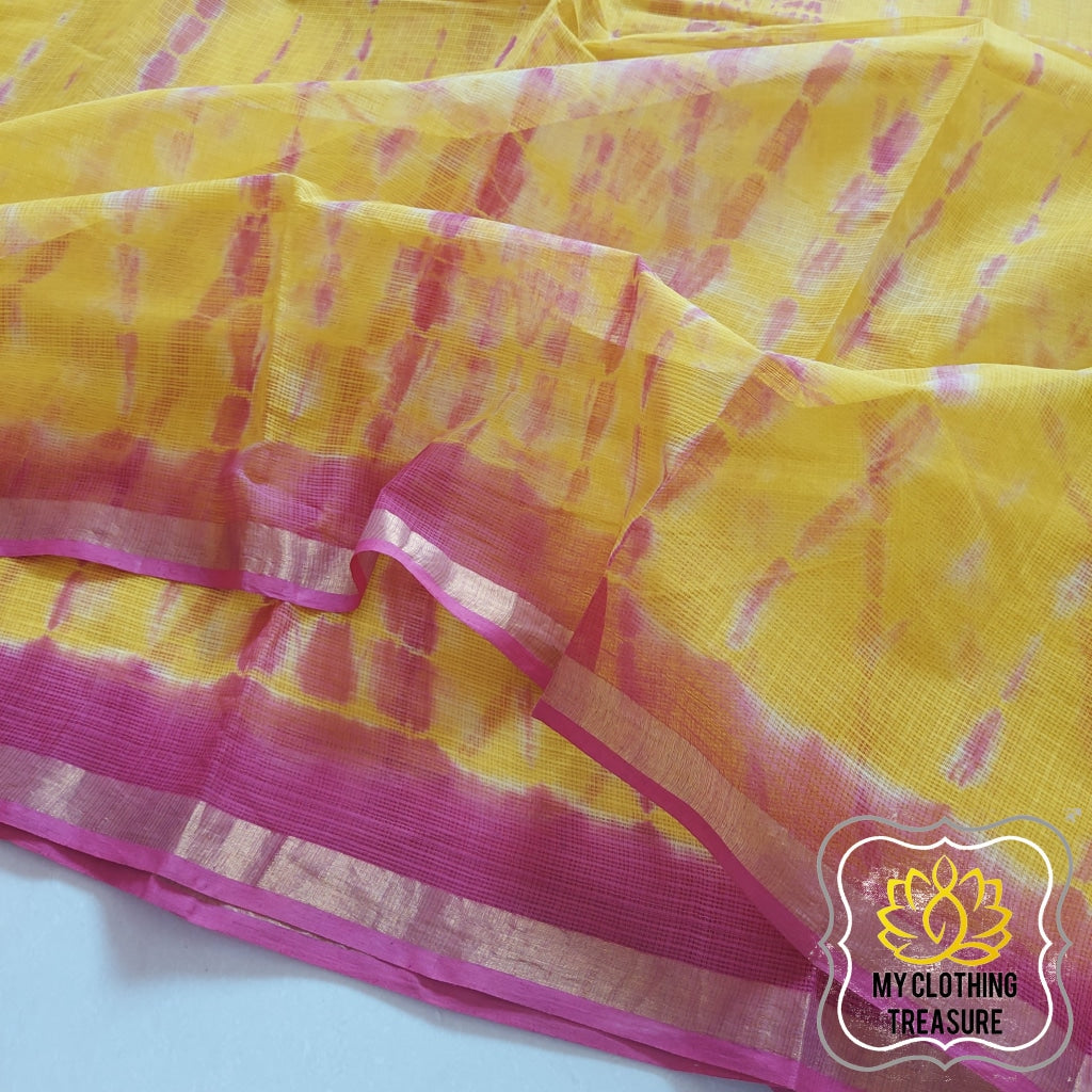 Pure Kota Cotton Hand Tie And Dye Shibori Saree- Yellow-Pink Saree