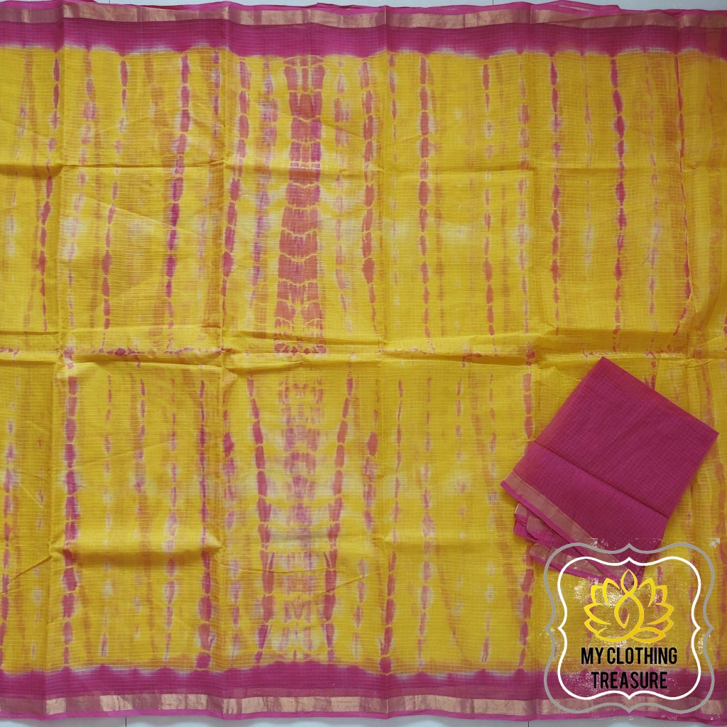 Pure Kota Cotton Hand Tie And Dye Shibori Saree- Yellow-Pink Saree