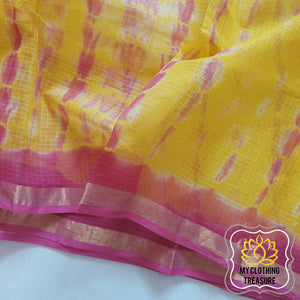 Pure Kota Cotton Hand Tie And Dye Shibori Saree- Yellow-Pink Saree