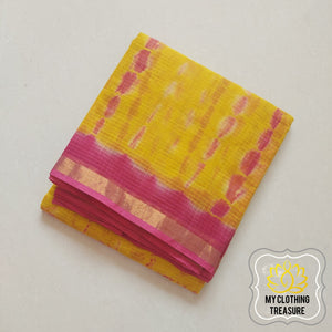 Pure Kota Cotton Hand Tie And Dye Shibori Saree- Yellow-Pink Saree