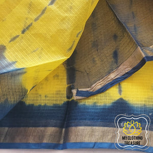 Pure Kota Cotton Hand Tie And Dye Shibori Saree- Yellow-Teal Saree