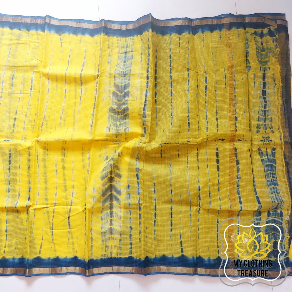 Pure Kota Cotton Hand Tie And Dye Shibori Saree- Yellow-Teal Saree