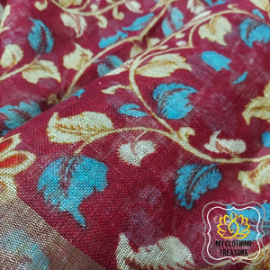 Pure Linen Kalamkari Saree In Maroon