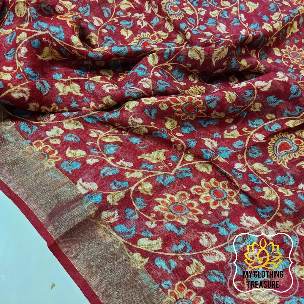 Pure Linen Kalamkari Saree In Maroon