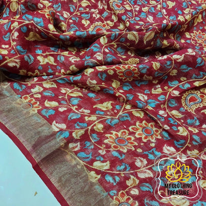 Pure Linen Kalamkari Saree In Maroon