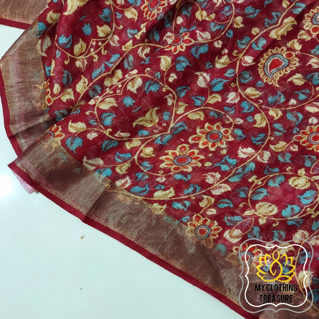 Pure Linen Kalamkari Saree In Maroon