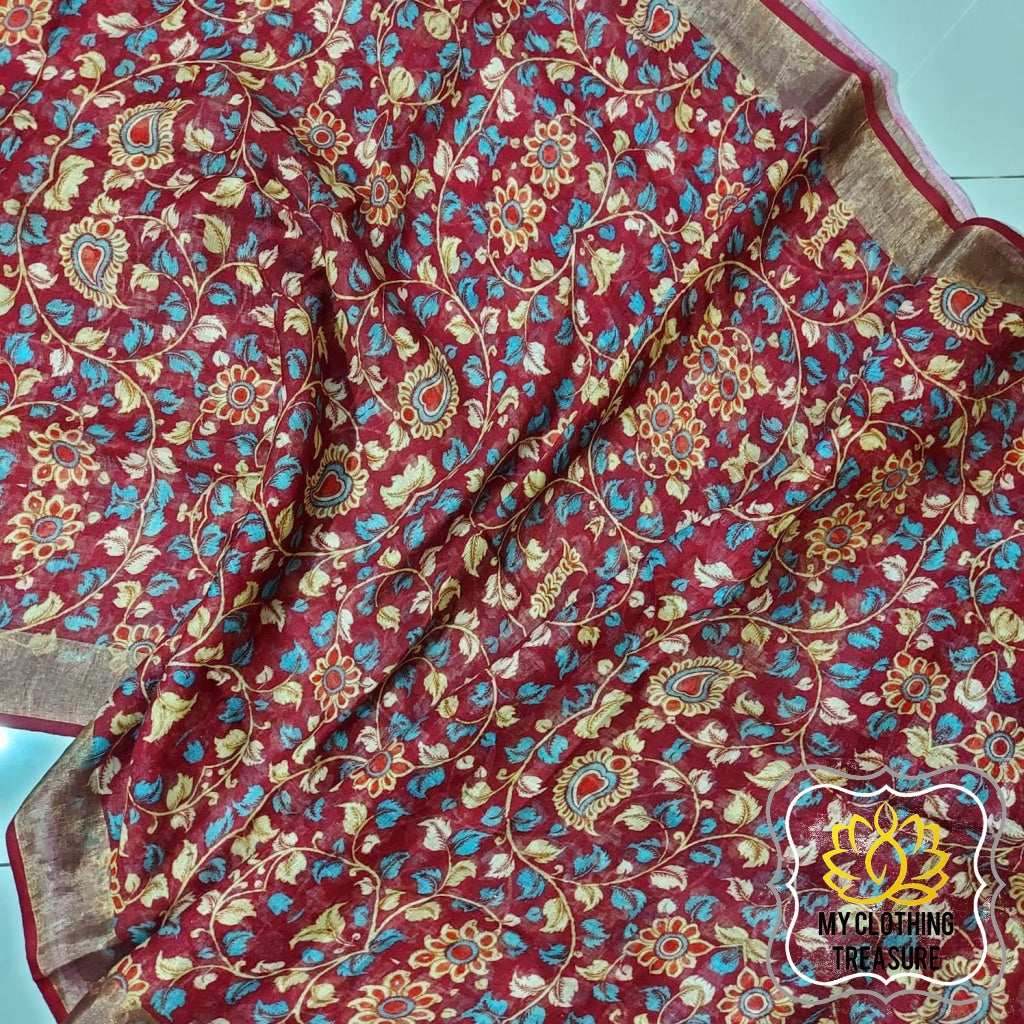 Pure Linen Kalamkari Saree In Maroon