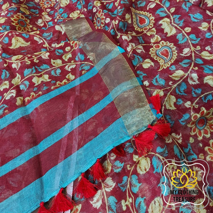 Pure Linen Kalamkari Saree In Maroon