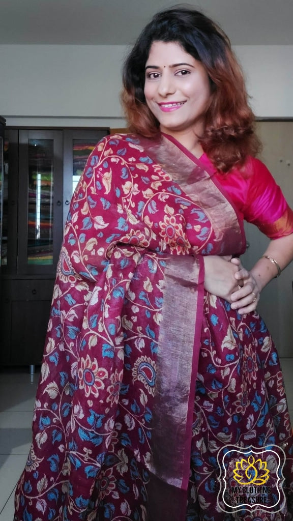 Pure Linen Kalamkari Saree In Maroon