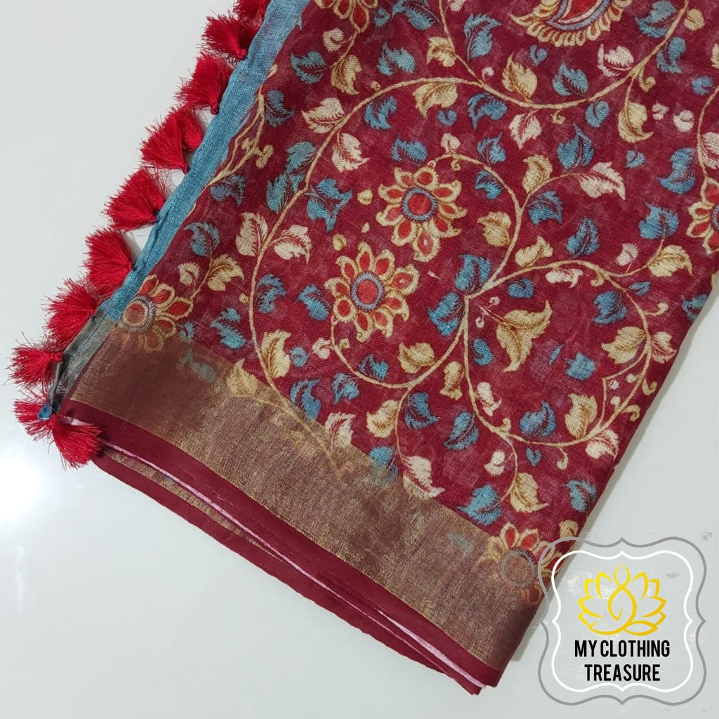 Pure Linen Kalamkari Saree In Maroon