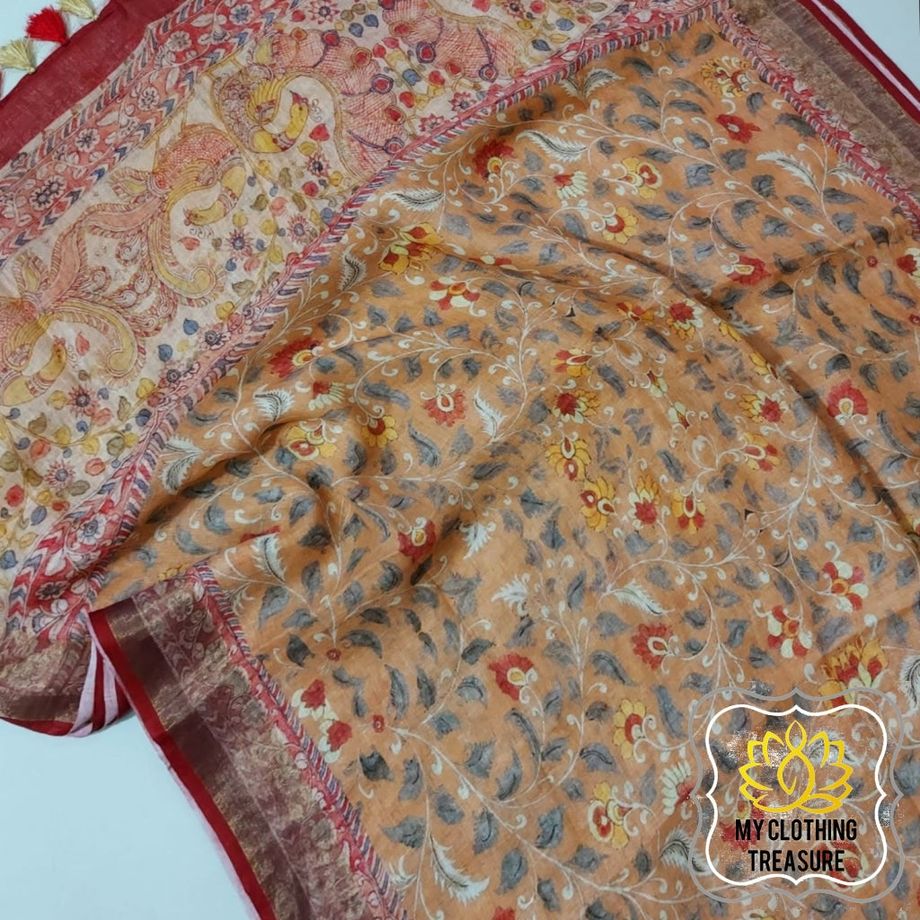 Pure Linen Kalamkari Saree In Peach