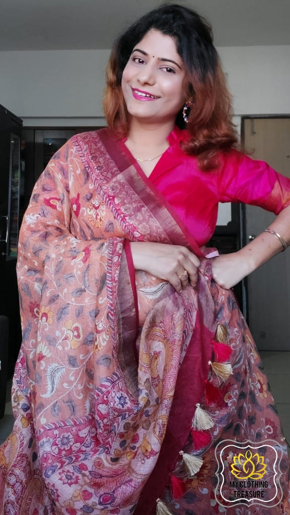 Pure Linen Kalamkari Saree In Peach