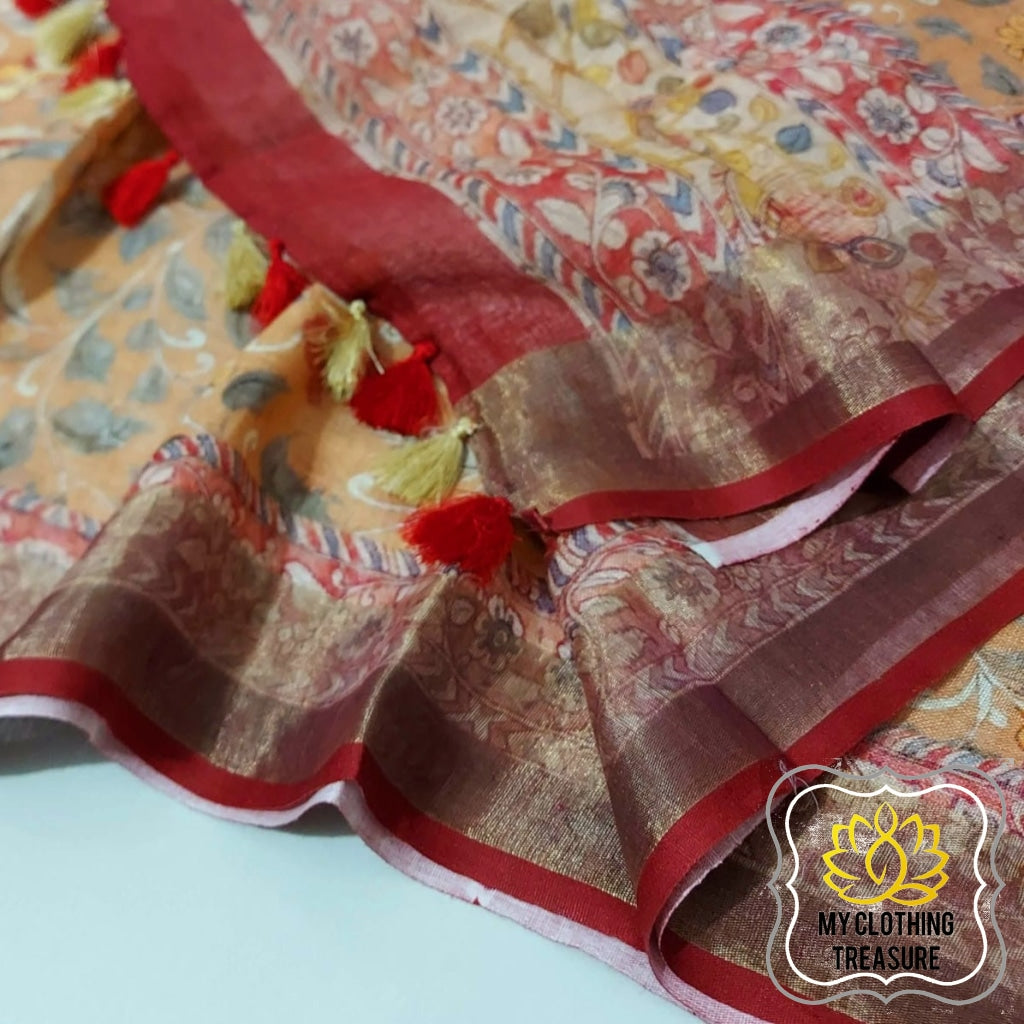 Pure Linen Kalamkari Saree In Peach