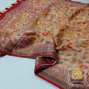 Pure Linen Kalamkari Saree In Peach