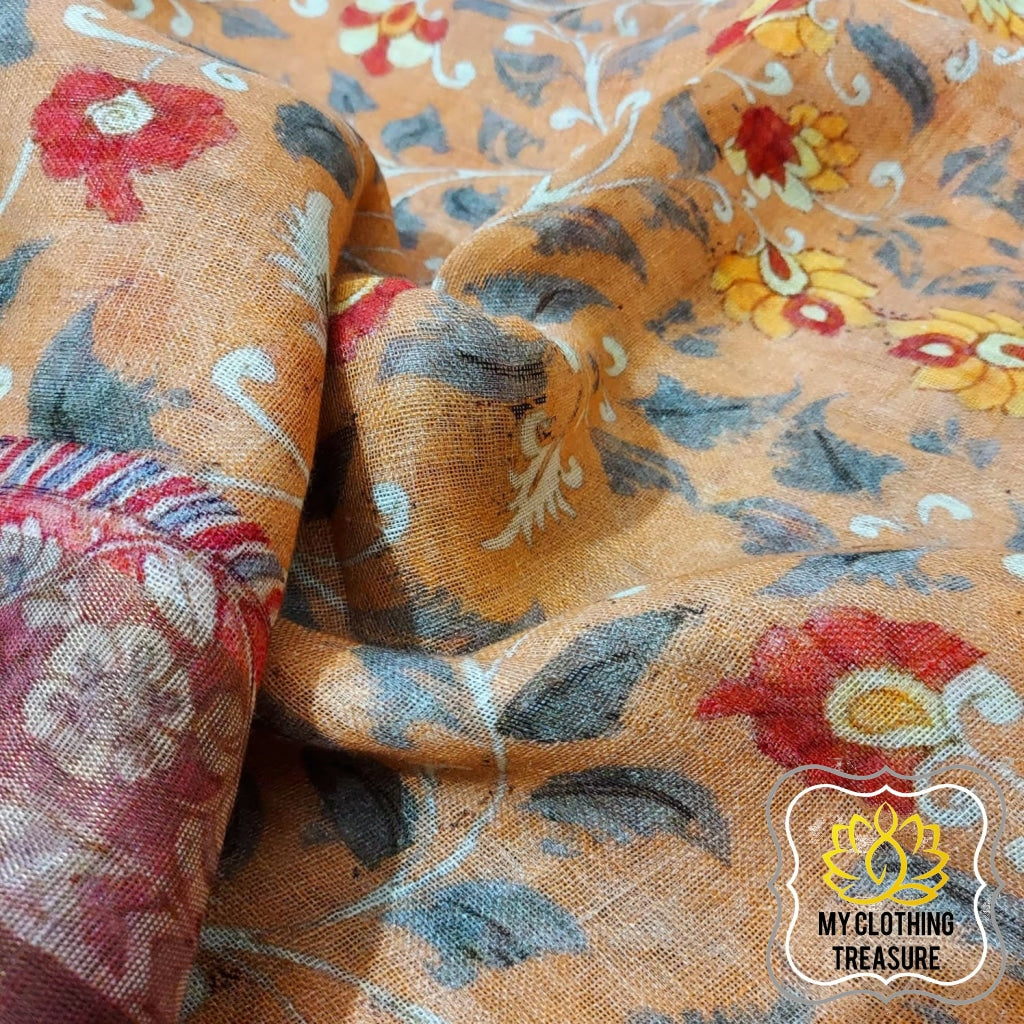 Pure Linen Kalamkari Saree In Peach