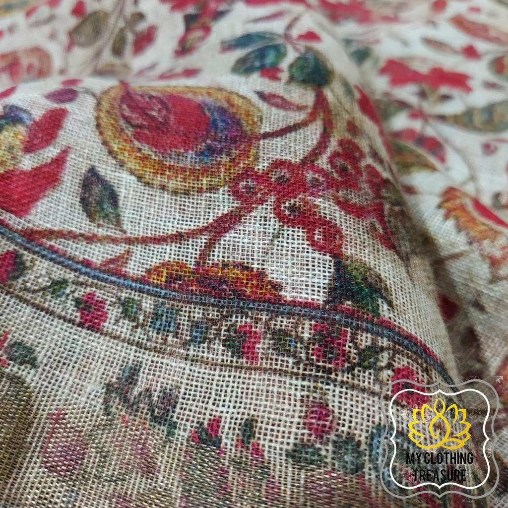 Pure Linen Kalamkari Saree In Soft Beige