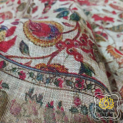 Pure Linen Kalamkari Saree In Soft Beige