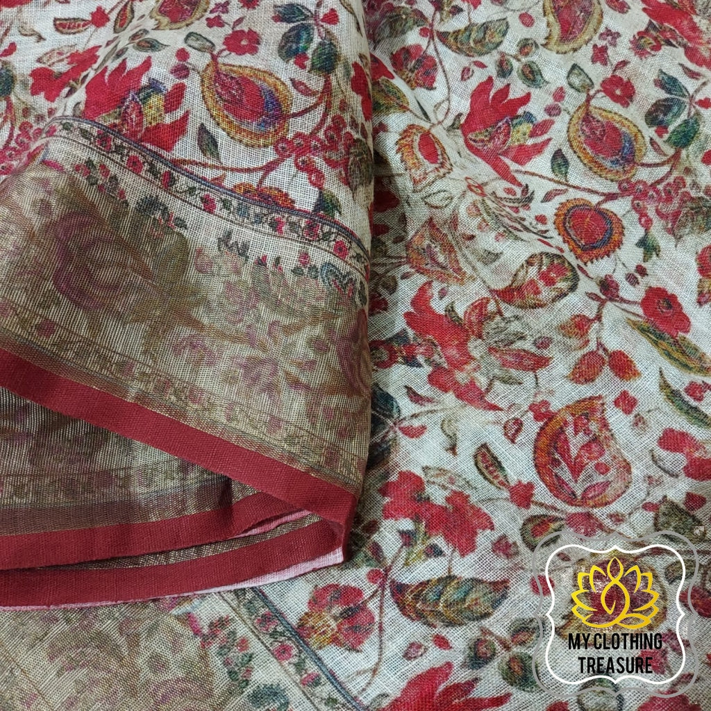 Pure Linen Kalamkari Saree In Soft Beige